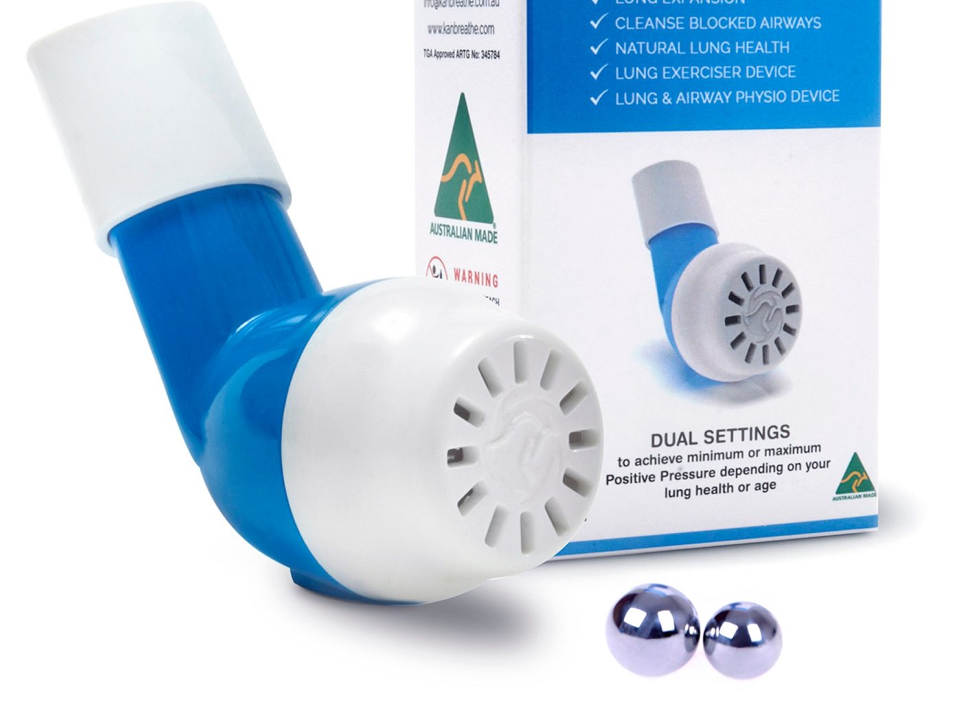Kan-Breathe with its box and two stainless steel balls